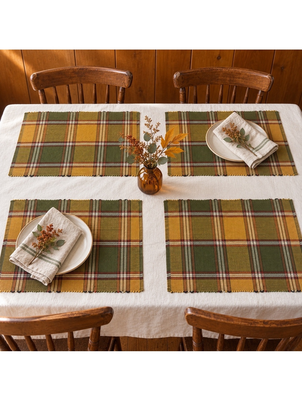 Plaid Placemats Set of 4 Woven Olive Green Mustard Gold Rustic Fall Decor 18x13